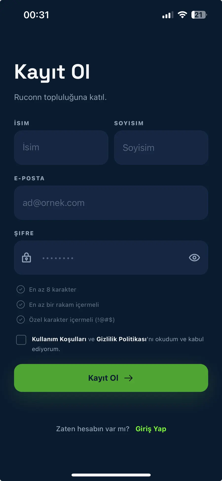Ruconn kayıt ol ekranı