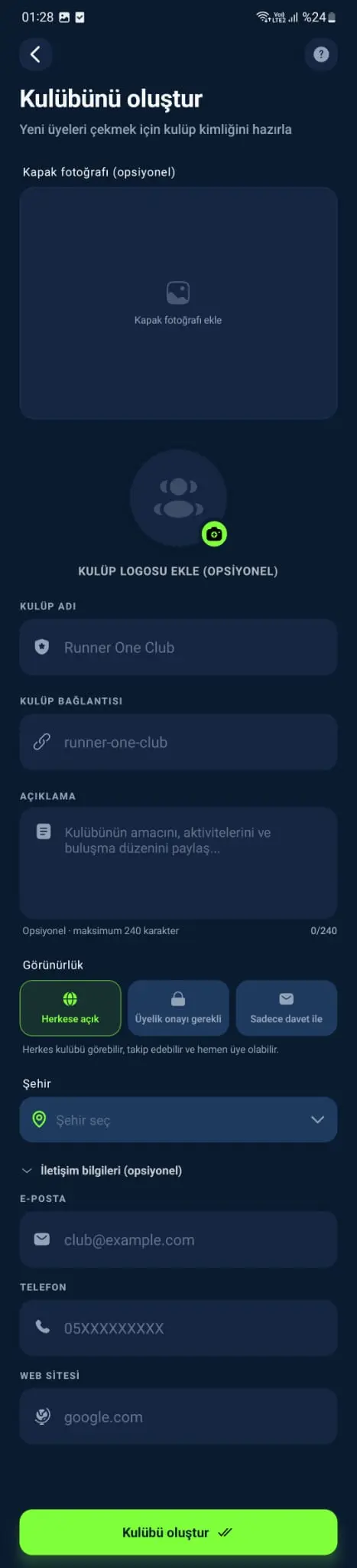 Ruconn kulüp oluşturma formu