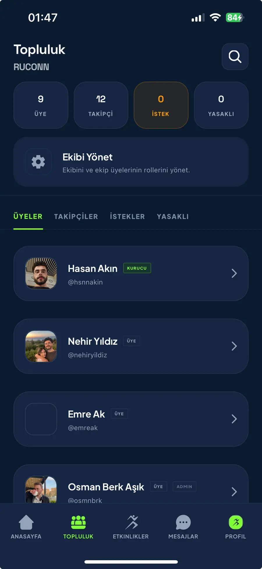 Ruconn topluluk yönetimi ekranı