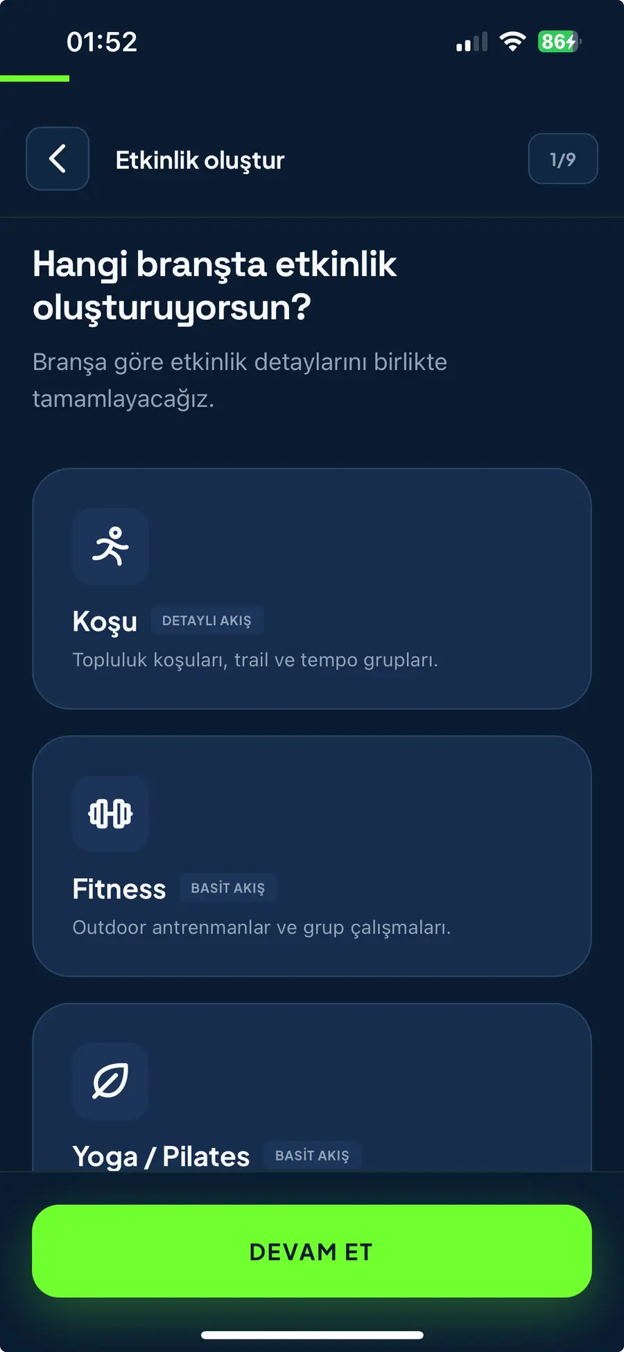 Etkinlik branşı seçme ekranı