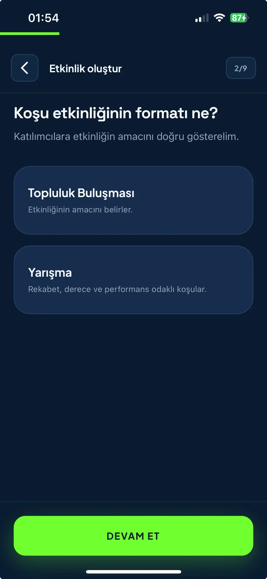 Etkinlik formatı seçme ekranı
