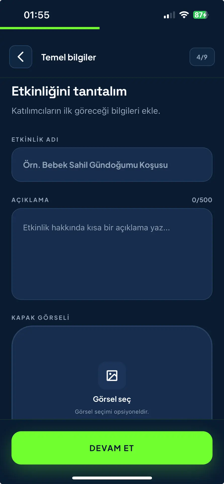 Etkinlik adı açıklaması ve kapak görseli ekranı