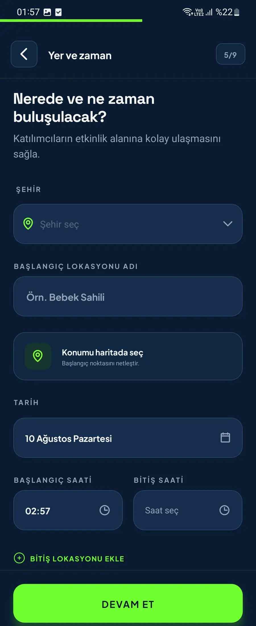 Etkinliğin yer ve zaman bilgileri ekranı