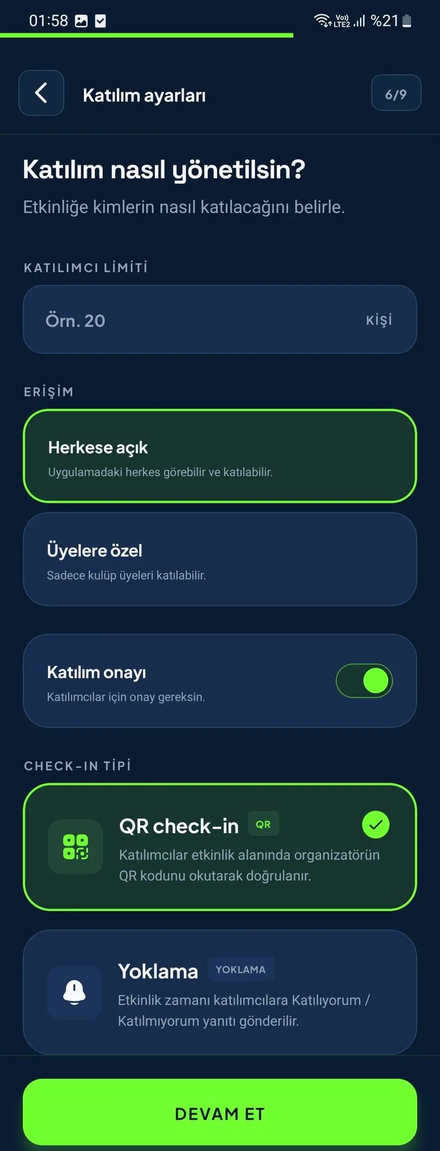 Etkinlik katılım modeli ayarları