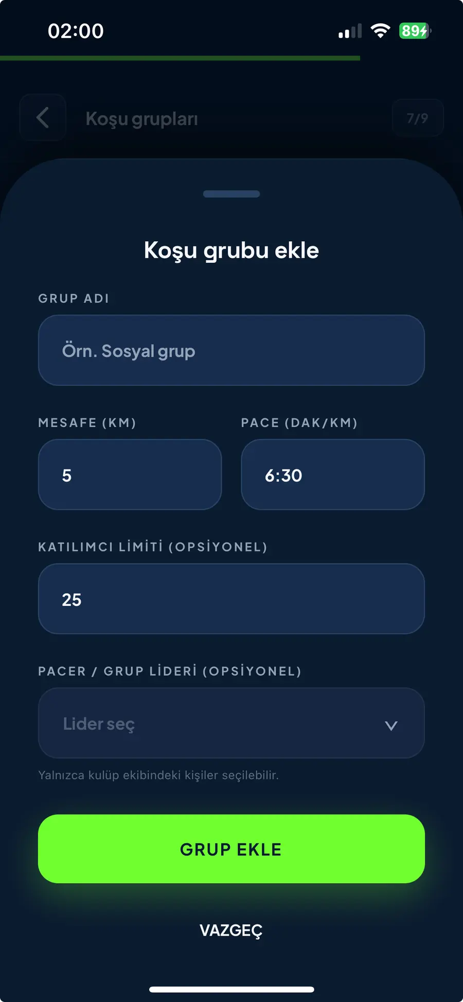Koşu grubu ayrıntıları ekranı