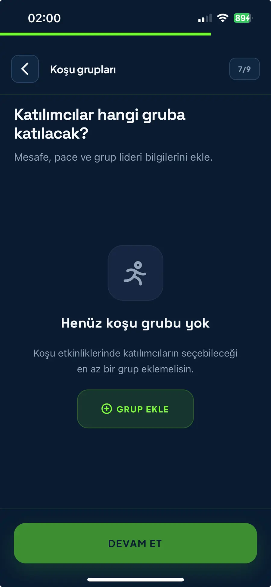 Koşu grubu ekleme ekranı