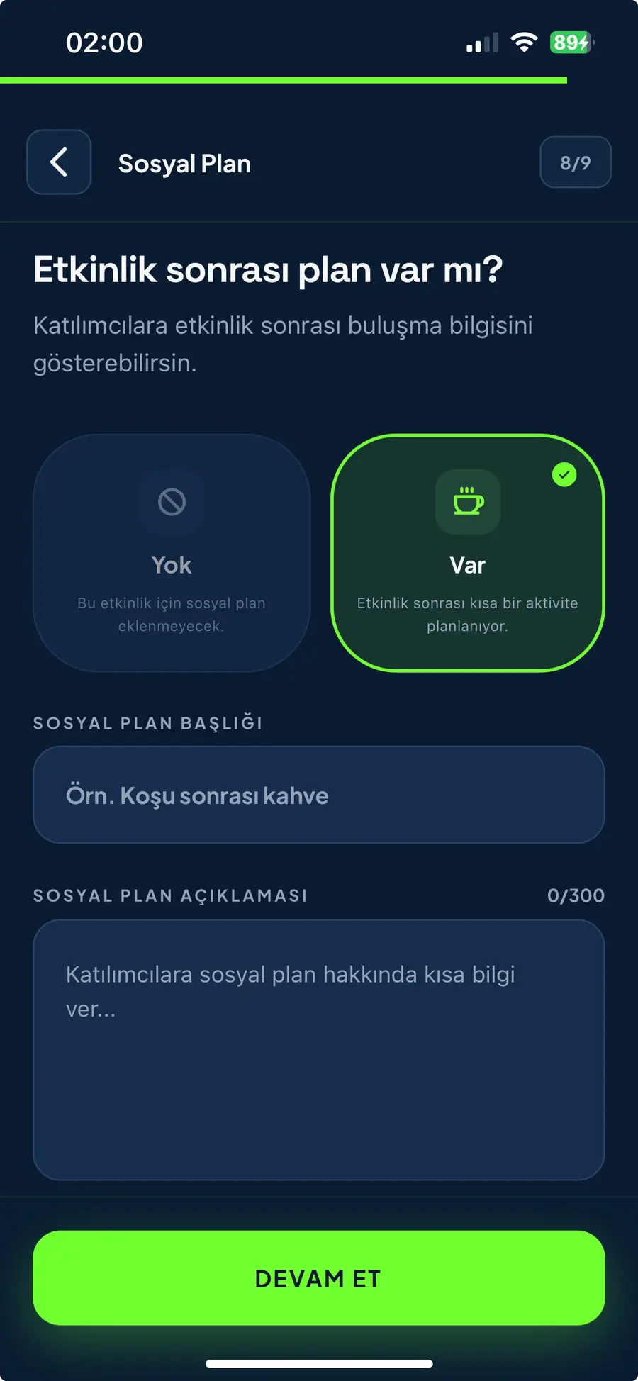 Etkinlik sonrası sosyal plan ekranı