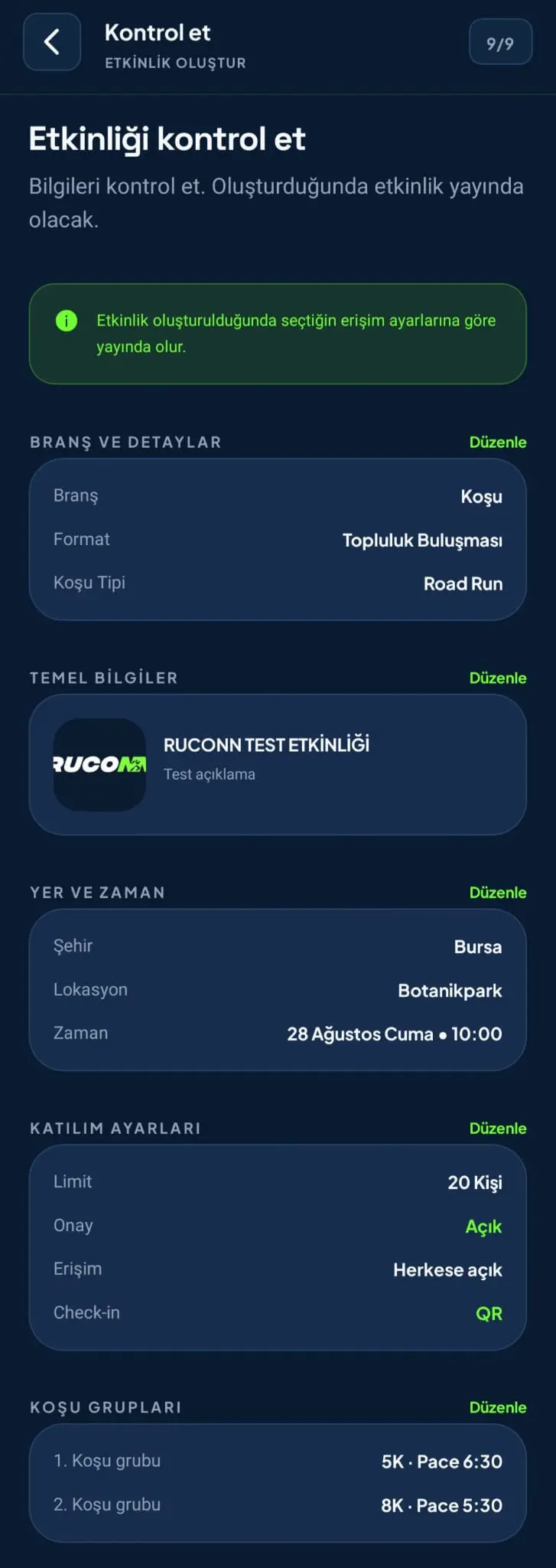 Etkinliği yayınlamadan önce bilgilerin kontrol edildiği özet ekranı