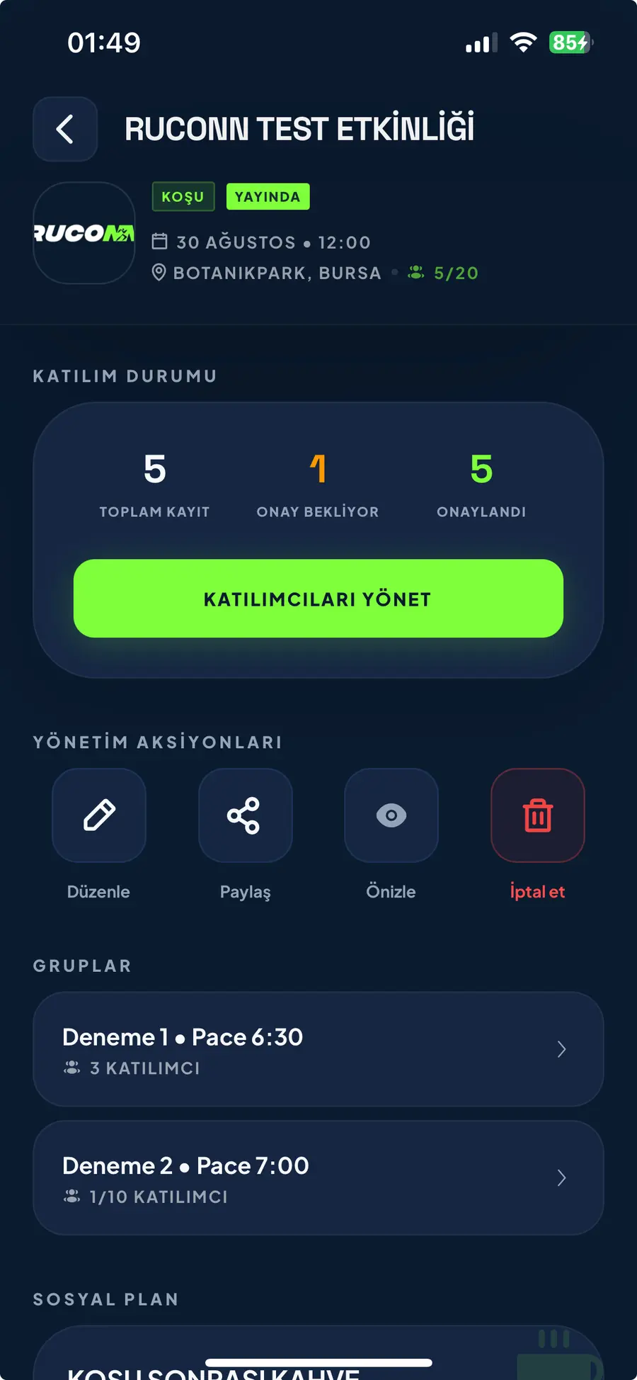 Ruconn etkinlik yönetim ekranı