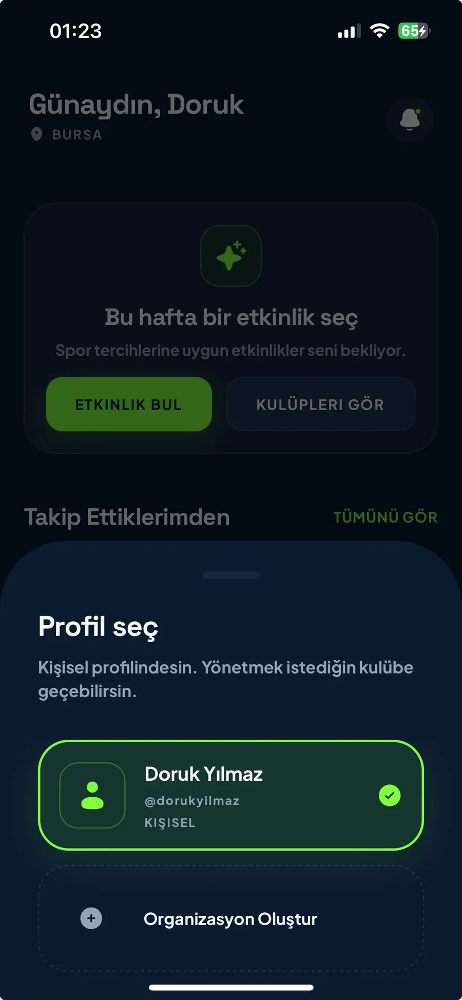 Profil simgesine basılı tutma ekranı