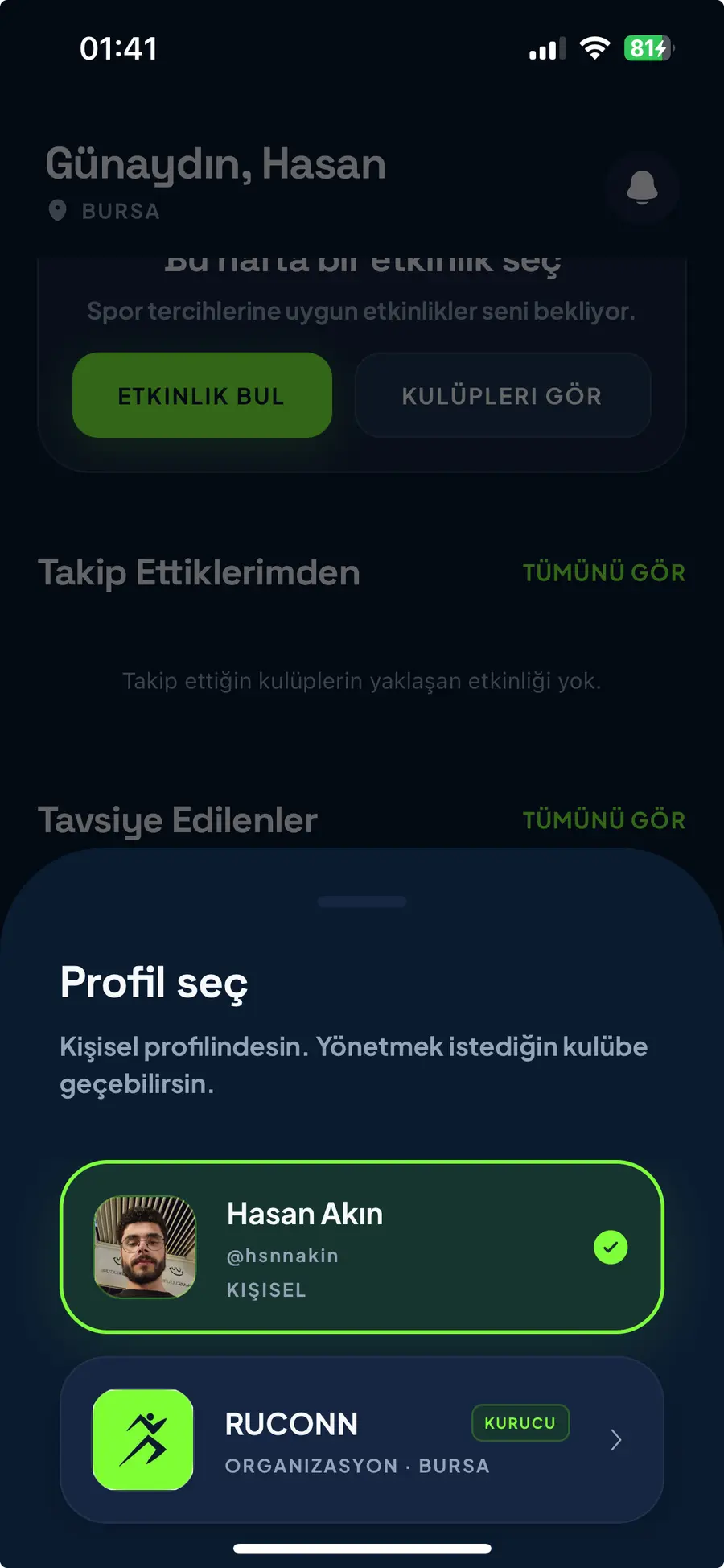 Profil seç penceresinde organizasyon oluştur seçeneği