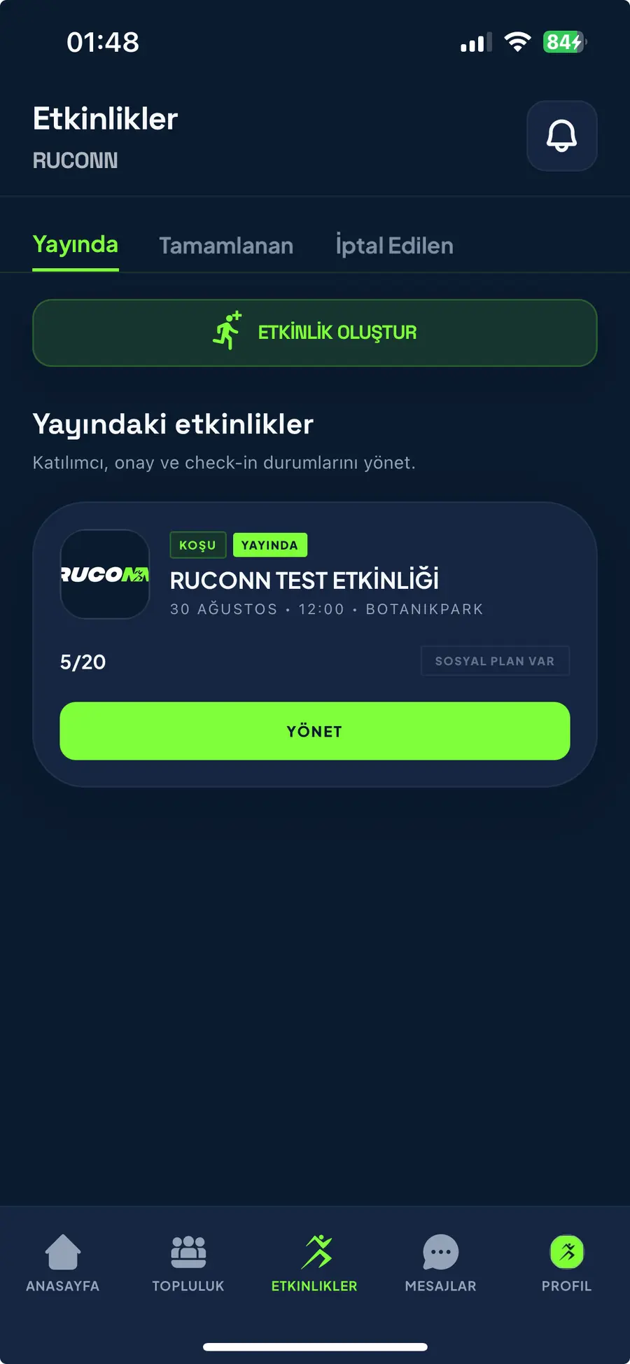 Organizasyon modu etkinlikler ekranı