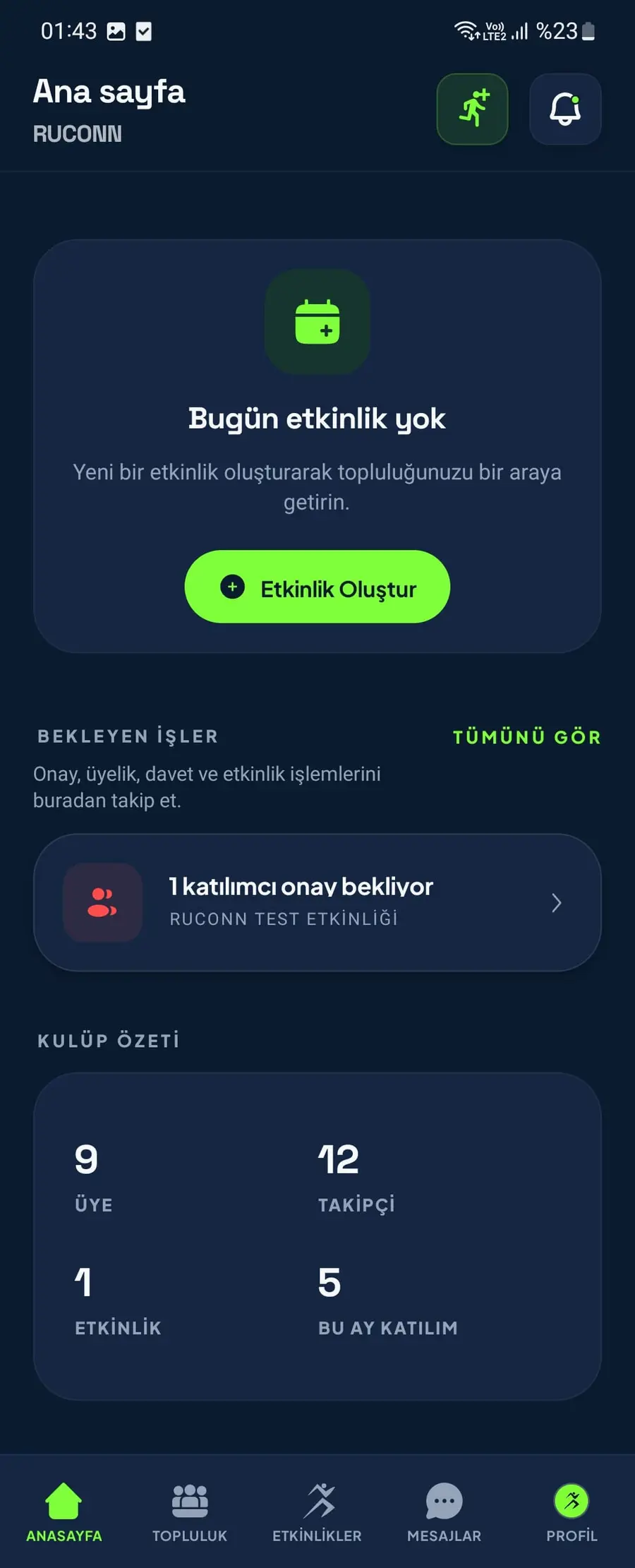 Ruconn organizasyon modu ana sayfası