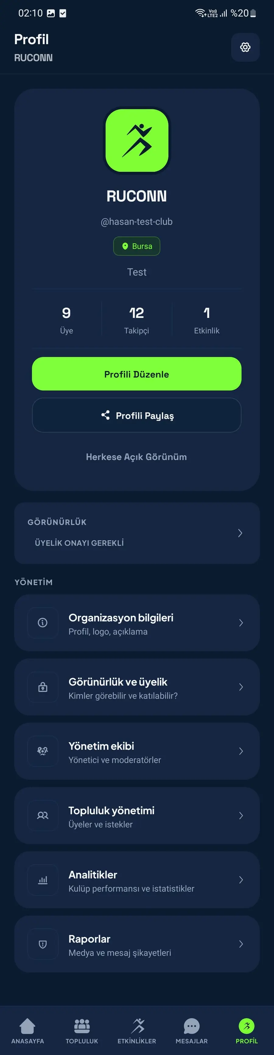 Ruconn kulüp profili yönetim ekranı