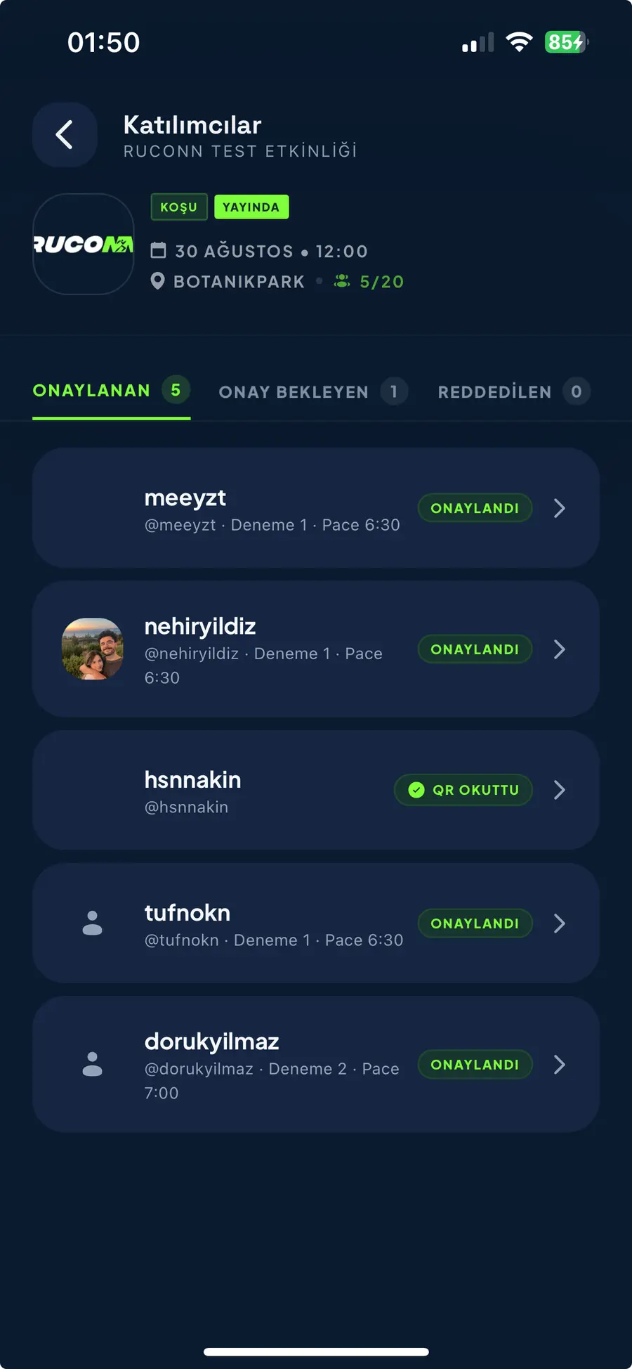 Etkinlik katılımcı yönetim ekranı