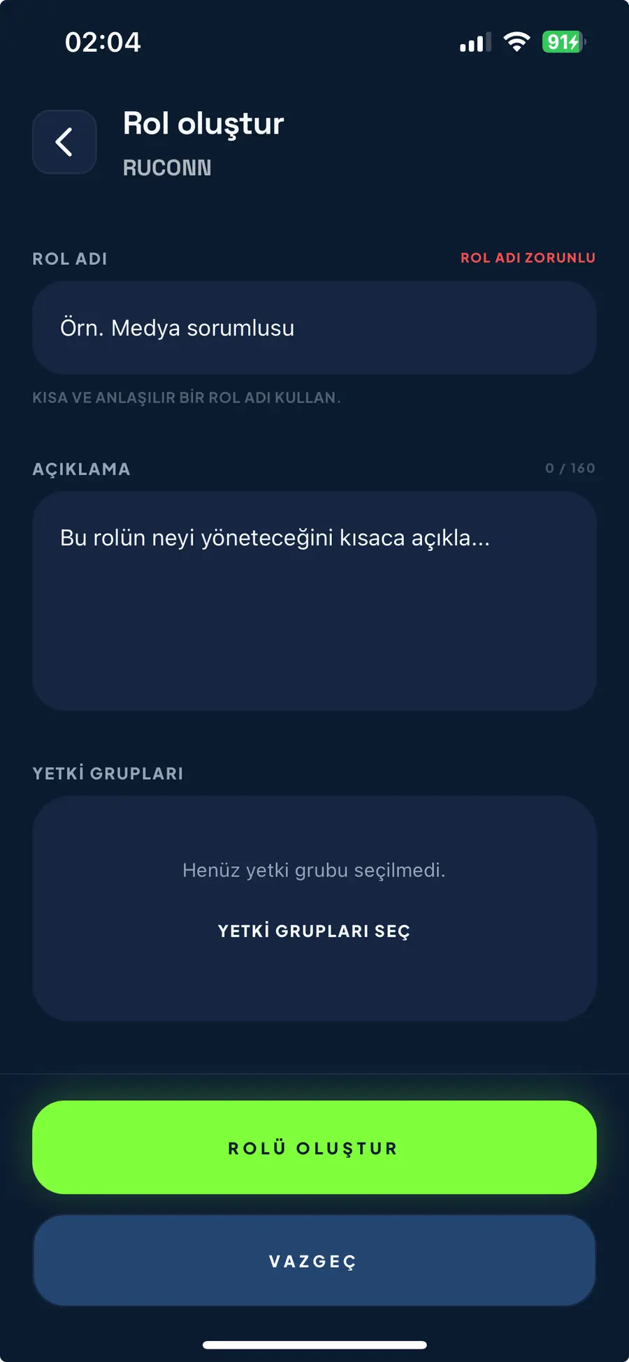 Yeni rol oluşturma ekranı
