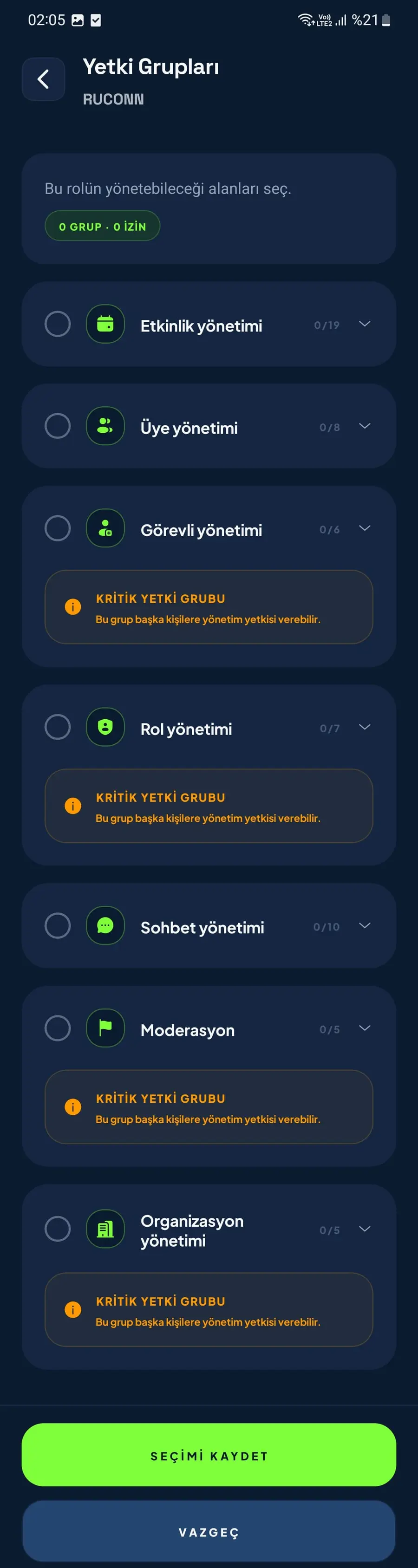 Rol yetkileri seçme ekranı