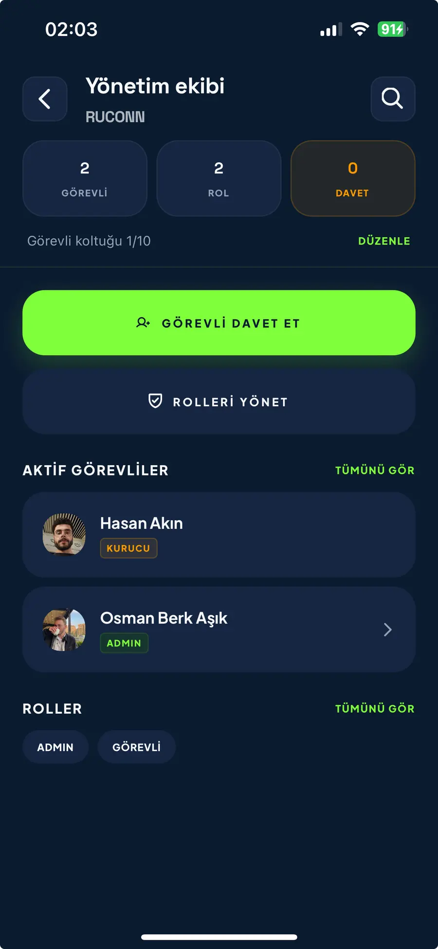 Ruconn kulüp yönetim ekibi ekranı
