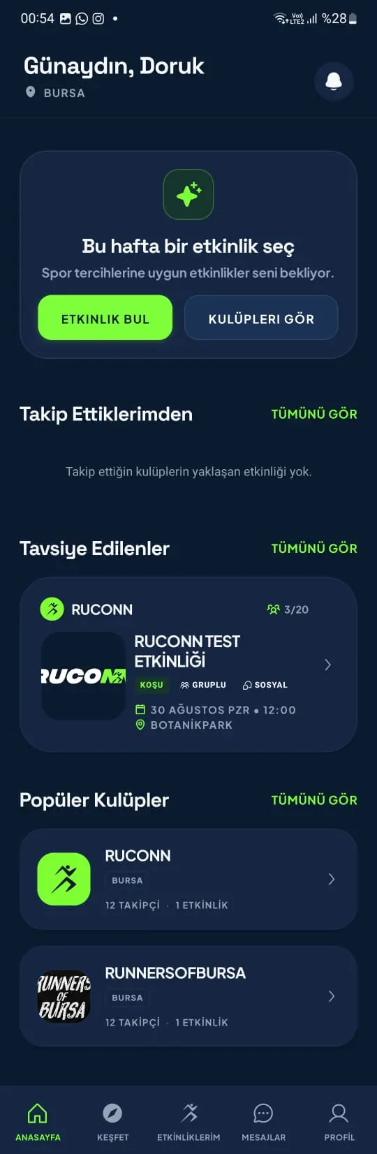 Ruconn kullanıcı modu ana sayfası