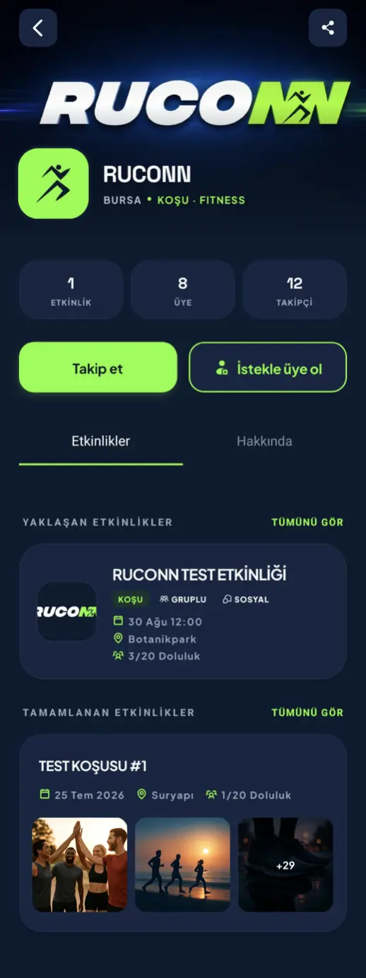 Kullanıcının gördüğü kulüp profili ve Etkinlikler sekmesi