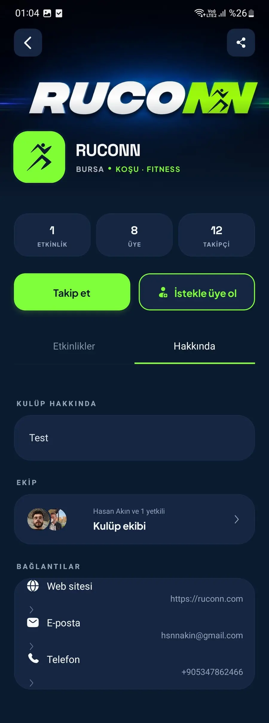 Kullanıcının gördüğü kulüp profili Hakkında sekmesi